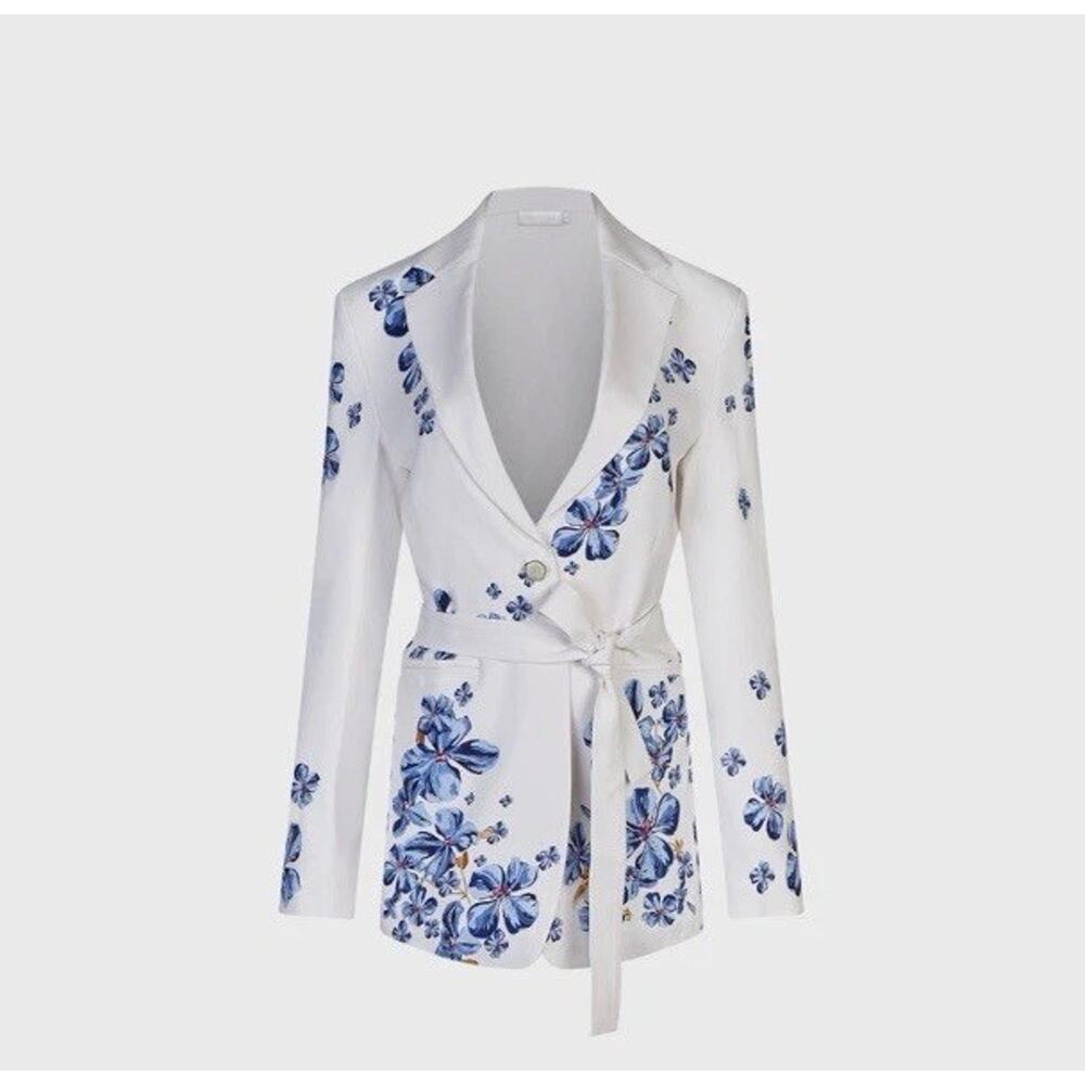 Anne Fontaine White Blazer with Blue Floral Print, new with tags sz 6, no belt - Picture 6 of 16